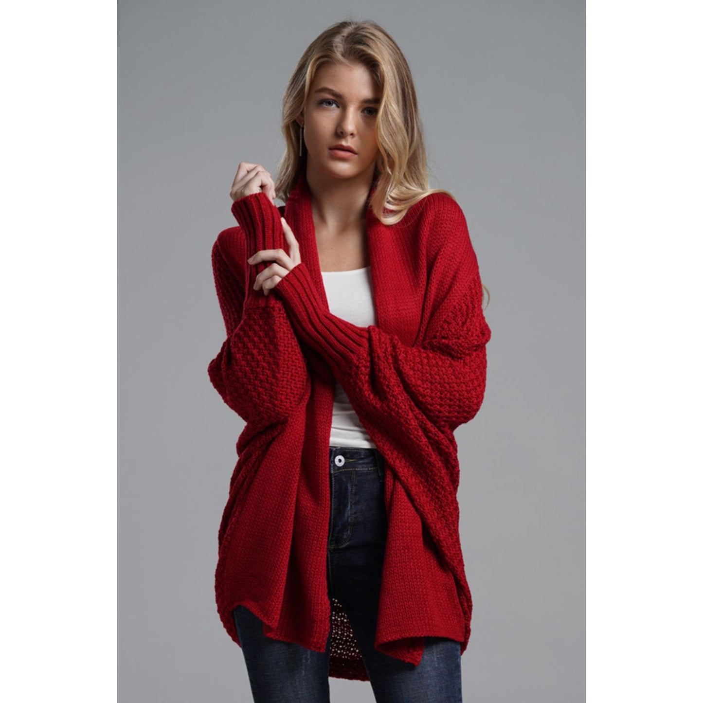 DOUBLE TAKE Dolman Sleeve Open Front Ribbed Trim Longline Cardigan