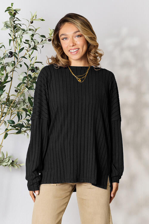 BASIC BAE Full Size Ribbed Round Neck Slit Knit Top