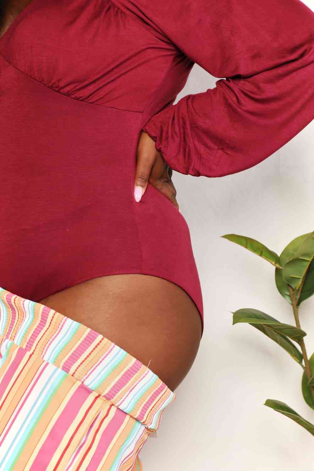 CULTURE CODE Full Size Wine V-Neck Bodysuit ( S-3XL)