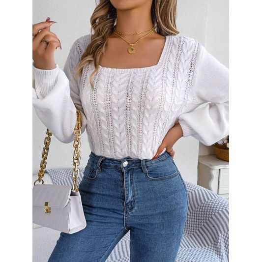 Cable-Knit Square Neck Long Sleeve Sweater