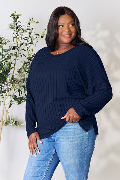 BASIC BAE Full Size Ribbed Round Neck Slit Knit Top