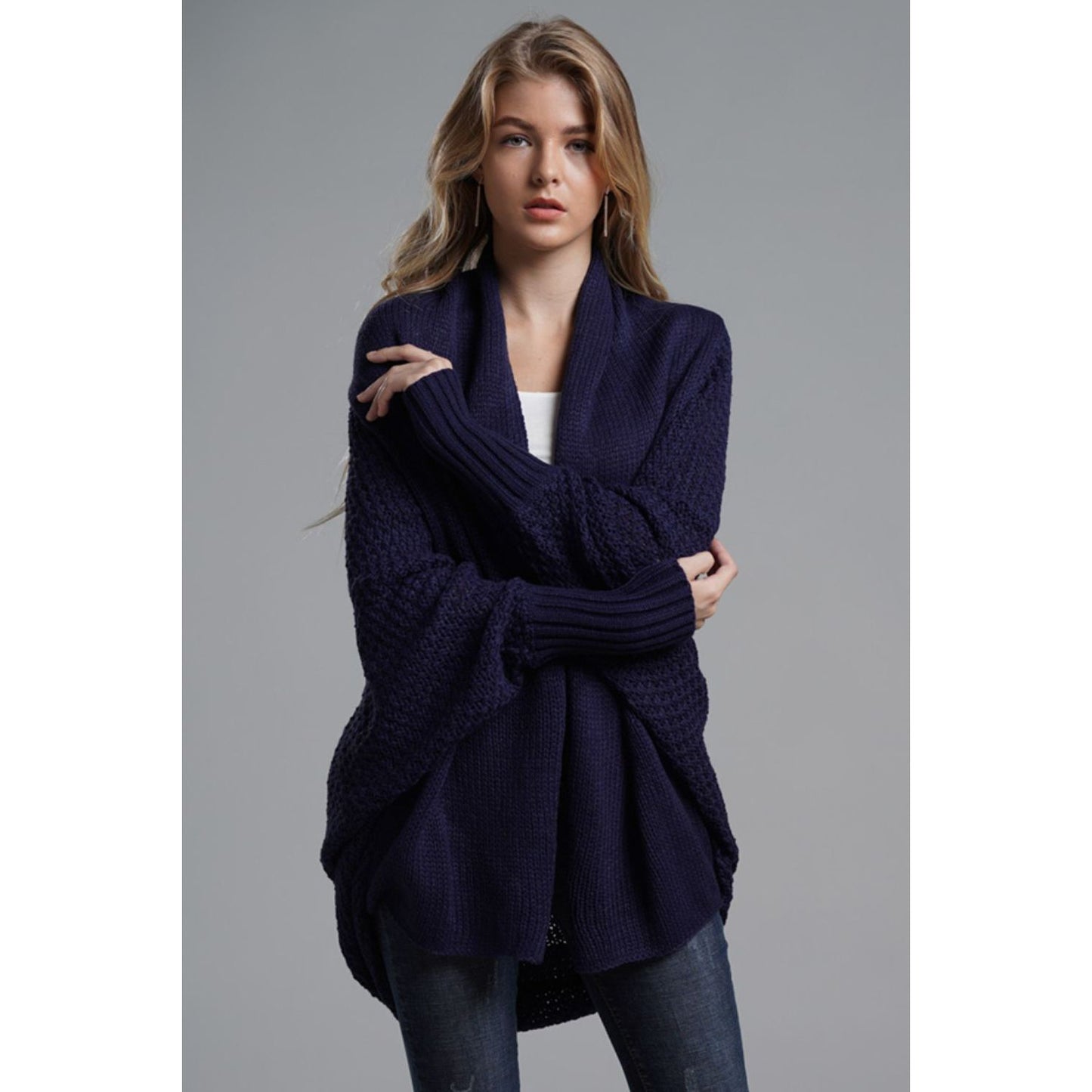 DOUBLE TAKE Dolman Sleeve Open Front Ribbed Trim Longline Cardigan