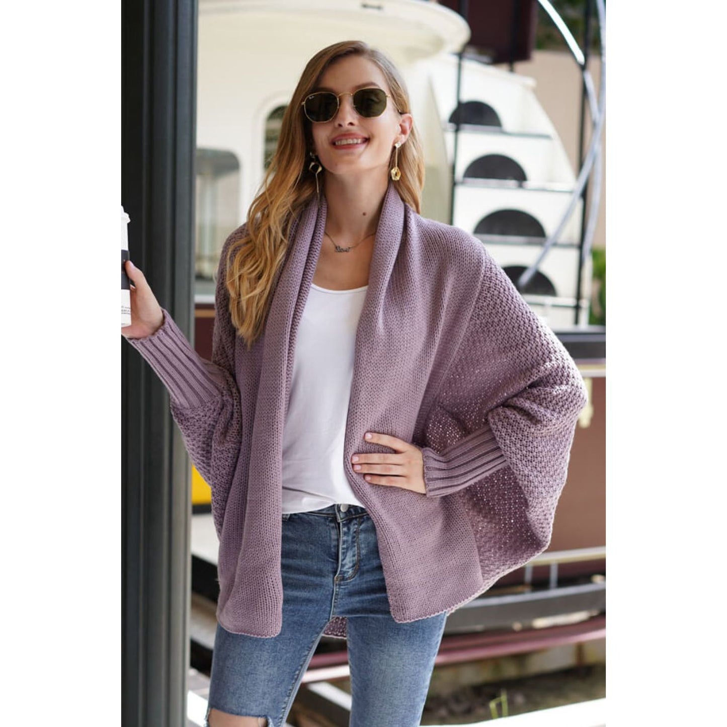 DOUBLE TAKE Dolman Sleeve Open Front Ribbed Trim Longline Cardigan