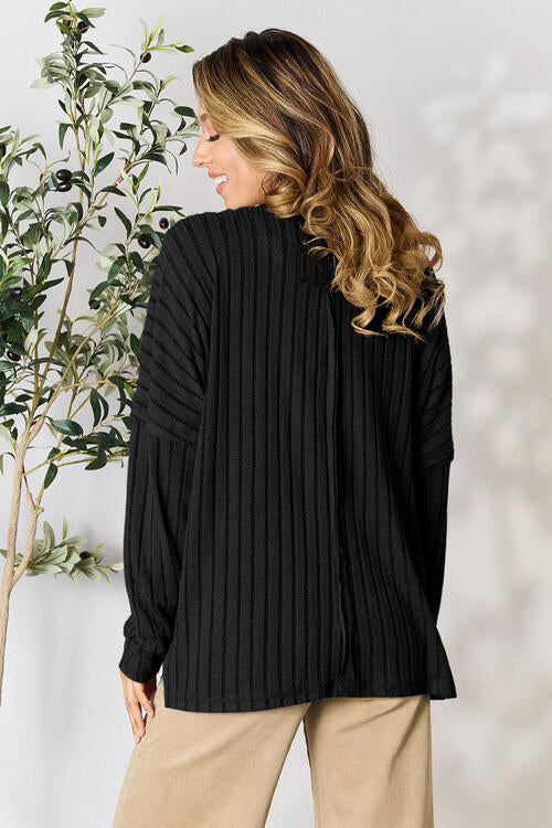 BASIC BAE Full Size Ribbed Round Neck Slit Knit Top