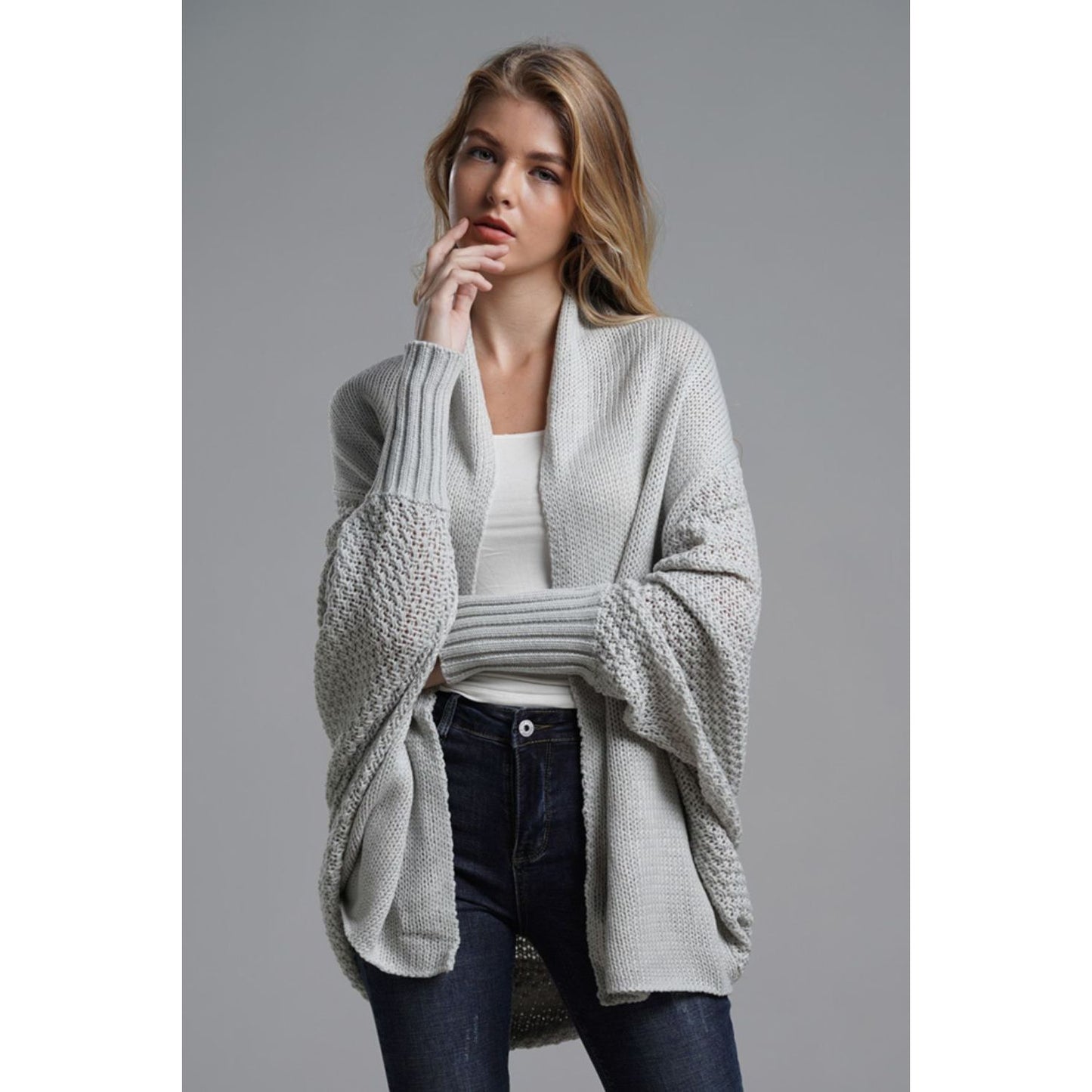 DOUBLE TAKE Dolman Sleeve Open Front Ribbed Trim Longline Cardigan