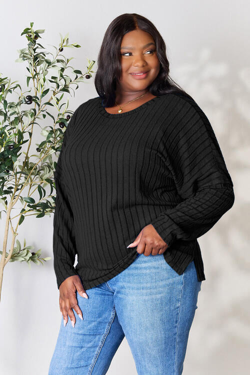 BASIC BAE Full Size Ribbed Round Neck Slit Knit Top