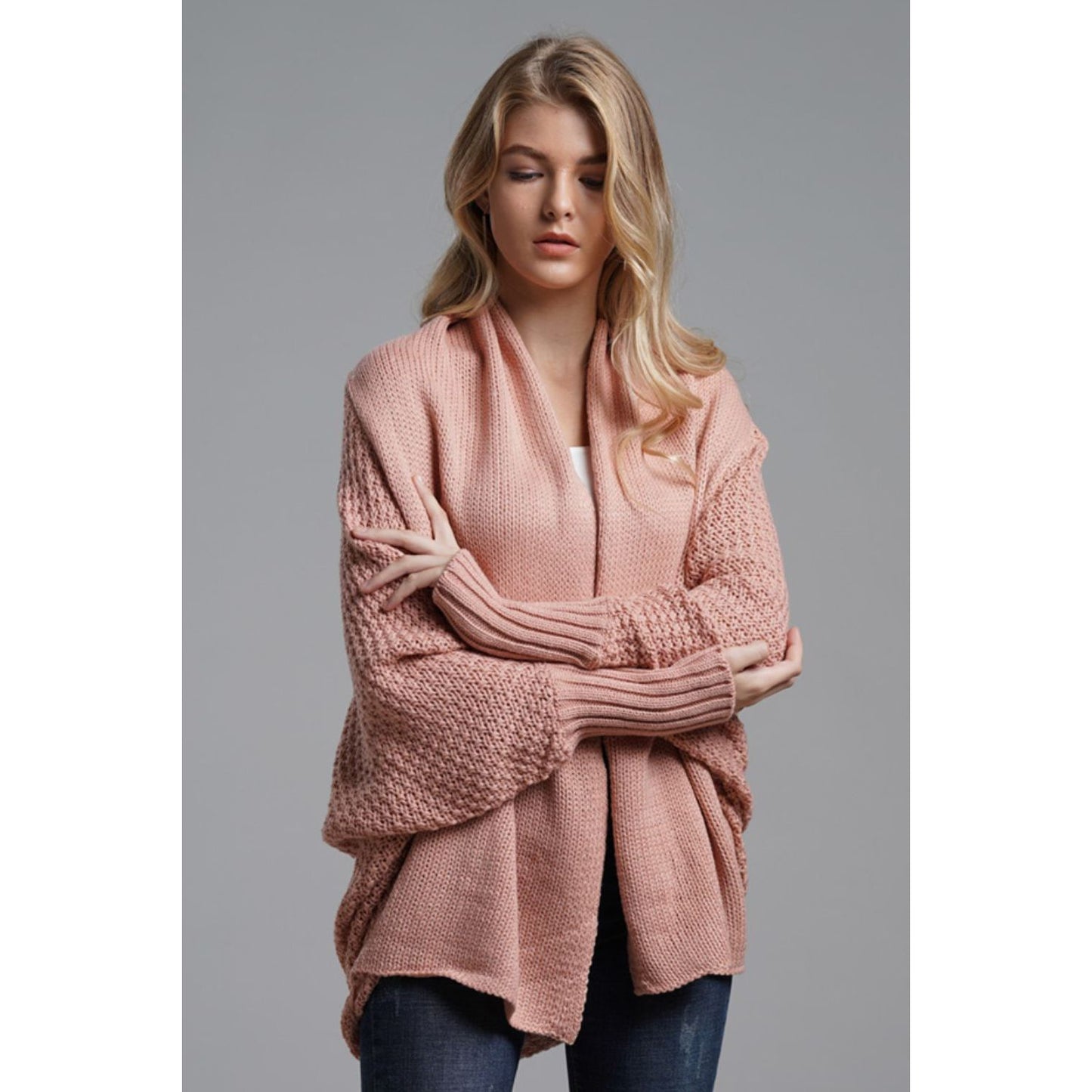 DOUBLE TAKE Dolman Sleeve Open Front Ribbed Trim Longline Cardigan
