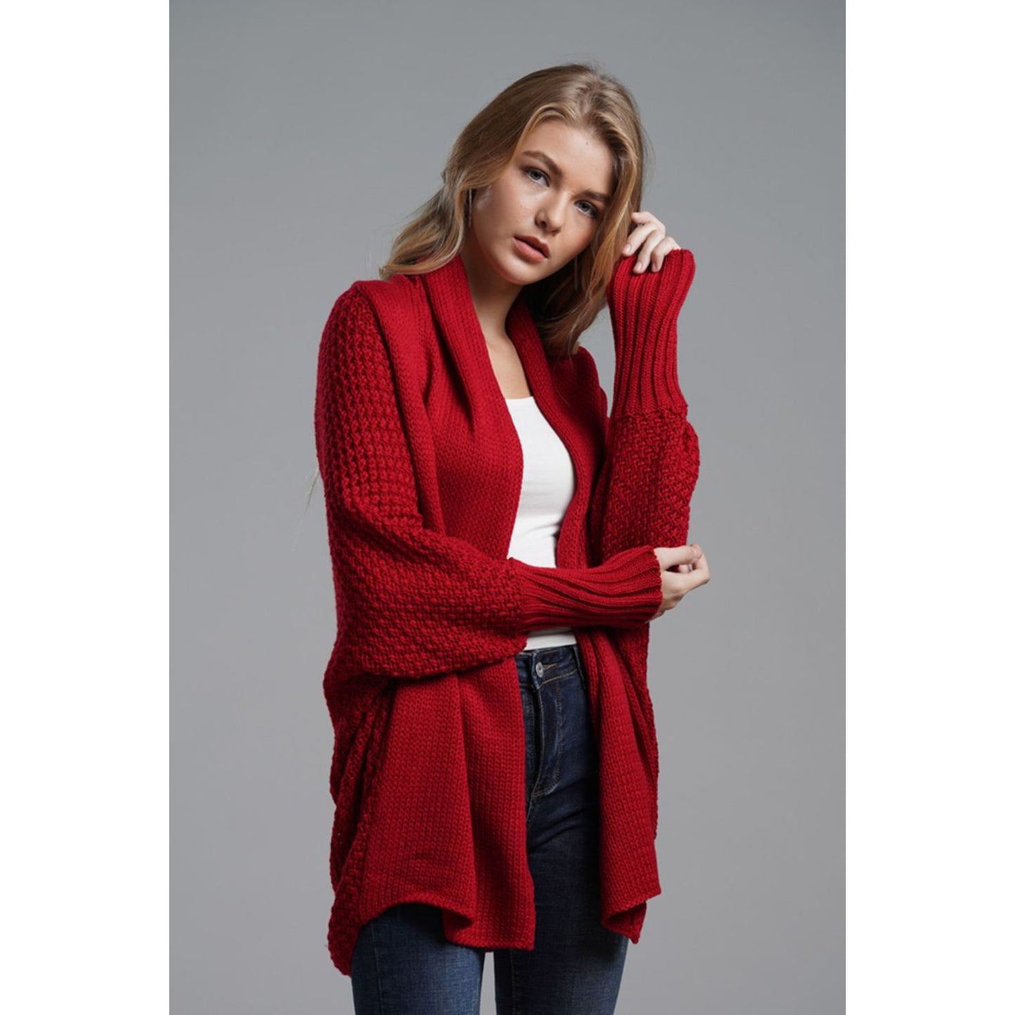 DOUBLE TAKE Dolman Sleeve Open Front Ribbed Trim Longline Cardigan