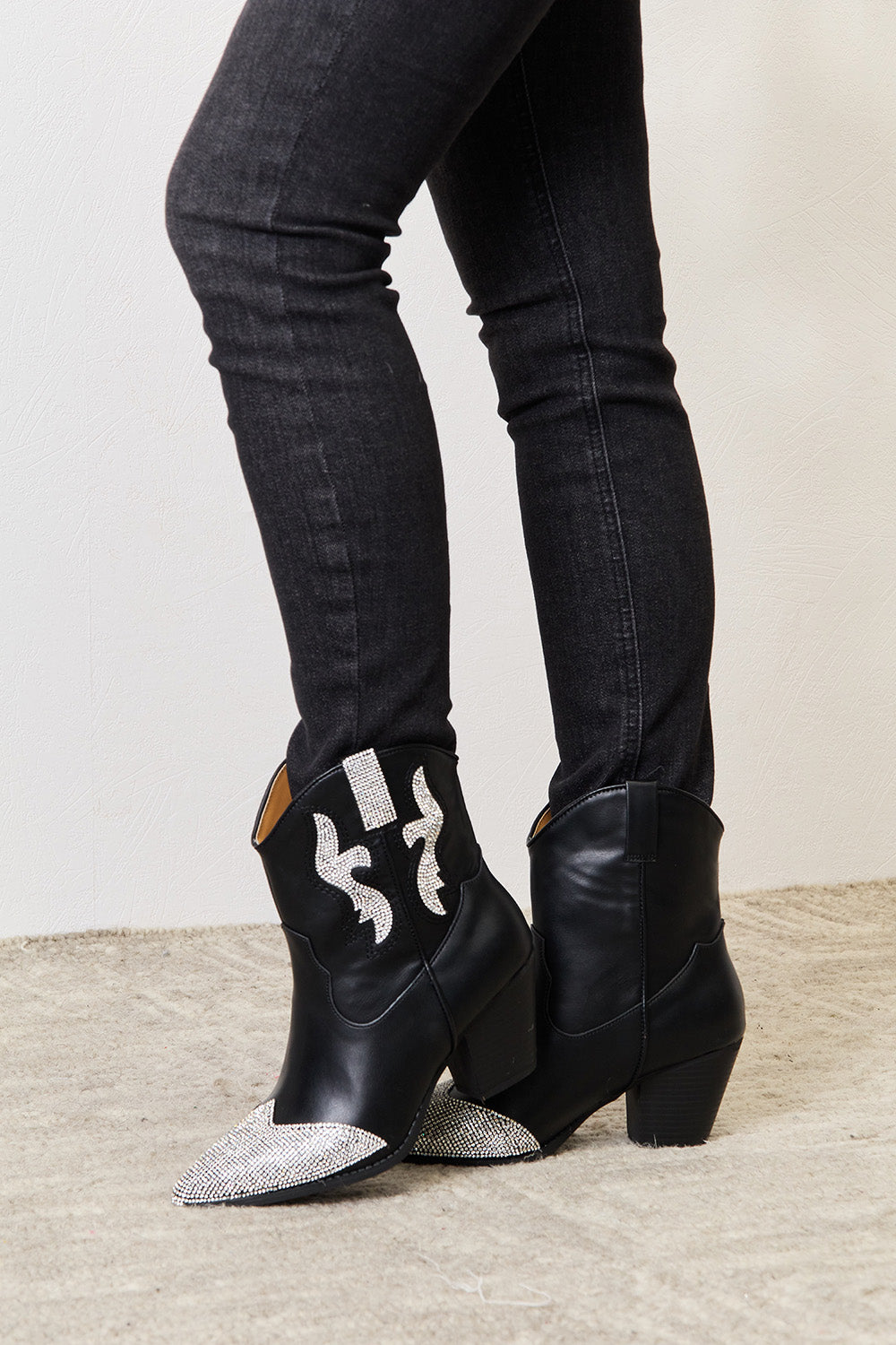 EAST LION CORP Black Rhinestone Pointed High Ankle Boots