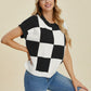 DOUBLE TAKE Full Size Checkered Round Neck Short Sleeve Sweater