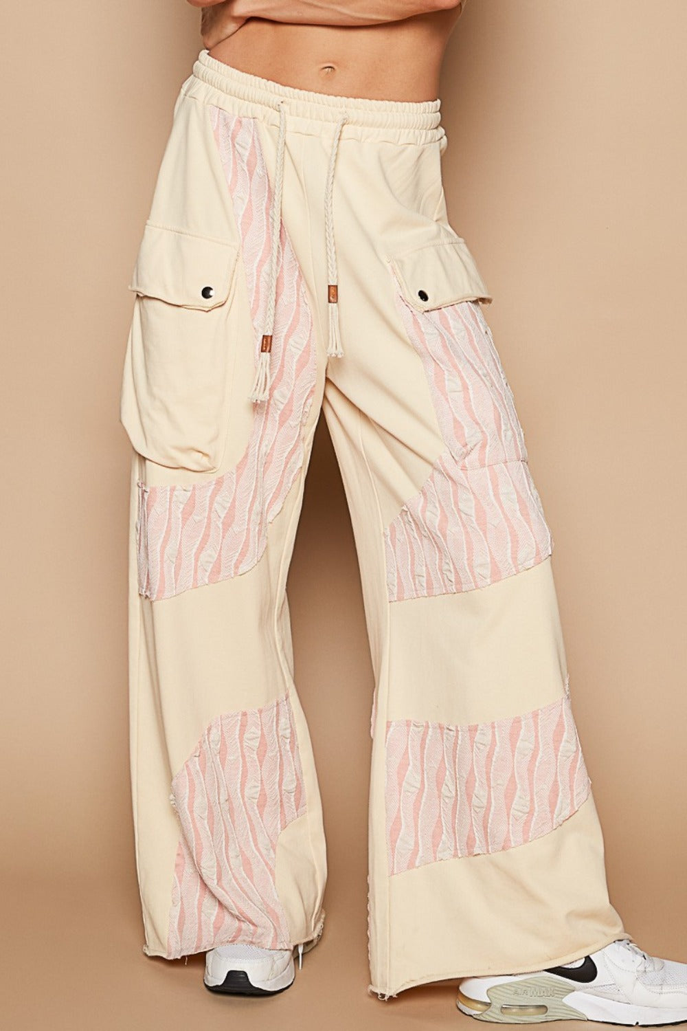 POL Women's Crochet Contrast Beige Cream Drawstring Wide Leg Pants