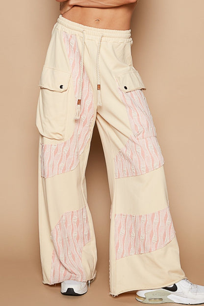 POL Women's Crochet Contrast Beige Cream Drawstring Wide Leg Pants