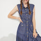PLUS SLEEVELESS BUTTON DOWN COLLARED DENIM DRESS