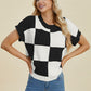 DOUBLE TAKE Full Size Checkered Round Neck Short Sleeve Sweater