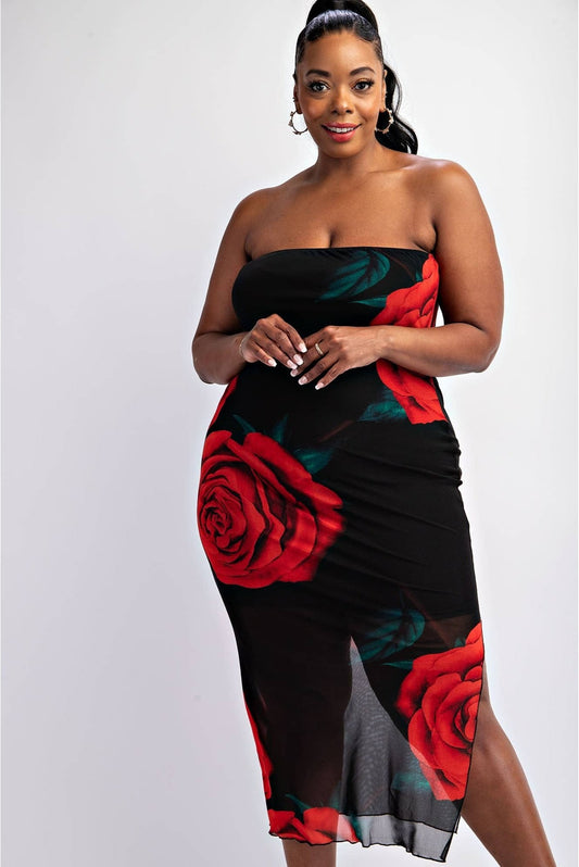 EMILIA Women's Plus-size Mesh Print Strapless Dress with Slit