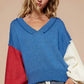 POL Women's Royal Blue Sweater with Exposed Seam Contrast V-Neck Lantern Sleeve