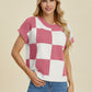 DOUBLE TAKE Full Size Checkered Round Neck Short Sleeve Sweater