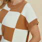 DOUBLE TAKE Full Size Checkered Round Neck Short Sleeve Sweater