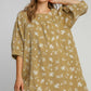 Umgee Women's Mocha Raw Hem Floral Print Round Neck Denim Dress