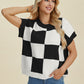 DOUBLE TAKE Full Size Checkered Round Neck Short Sleeve Sweater