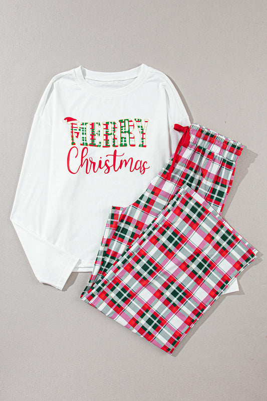 SYNZ MERRY CHRISTMAS Round Neck Top and Plaid Pants Christmas Pajamas Set