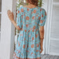 Casual Boho Floral Tie Neck Short Sleeve Mini Dress