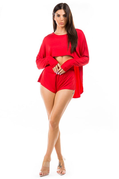 CLAUDE Sexy 2 Piece High-Low Crop Top and Butt Shorts Loungewear Set
