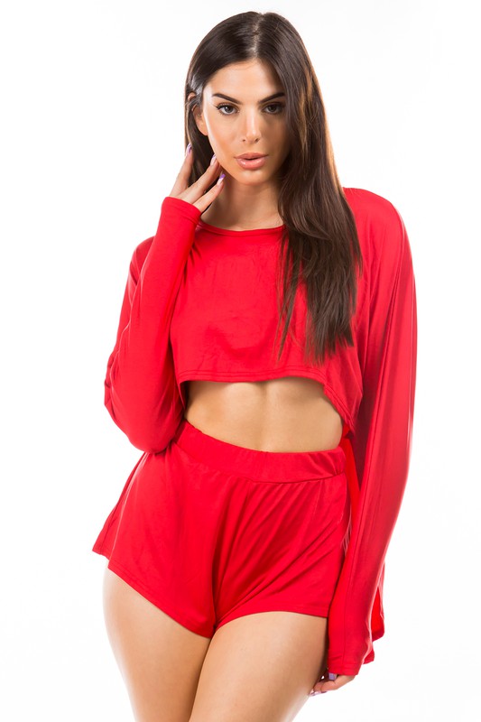 CLAUDE Sexy 2 Piece High-Low Crop Top and Butt Shorts Loungewear Set
