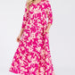 CELESTE Fuchsia Full Size Floral Round Neck Ruffle Hem Dress