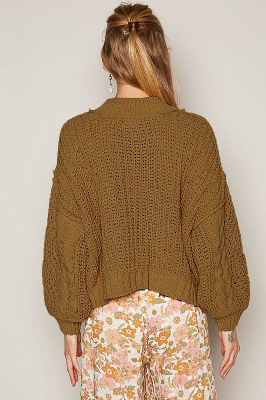 POL Dusky Mock Neck Cable Knit Sweater