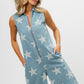 BiBi Star Print Half Zip Sleeveless Denim Jumpsuit