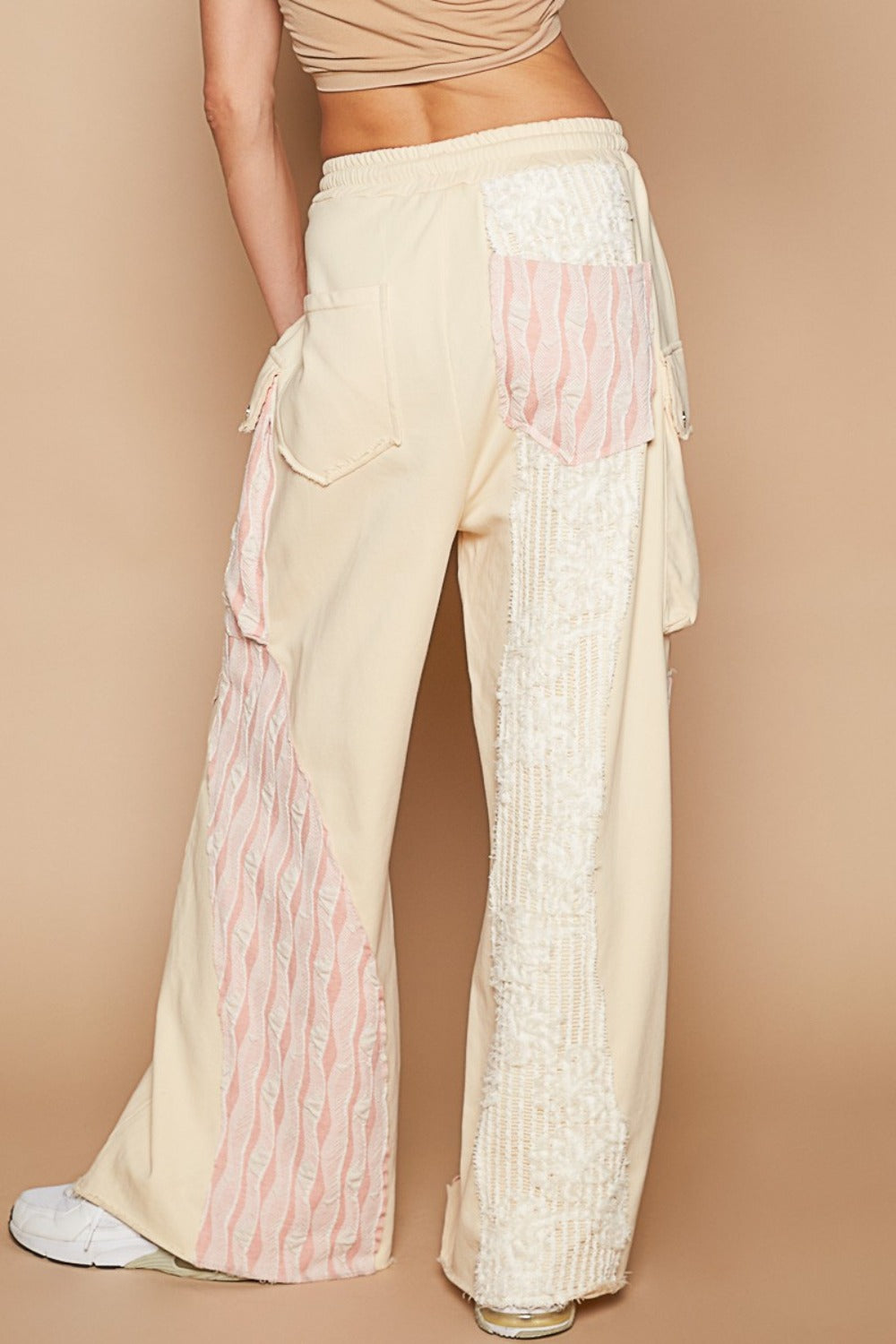 POL Women's Crochet Contrast Beige Cream Drawstring Wide Leg Pants