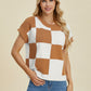 DOUBLE TAKE Full Size Checkered Round Neck Short Sleeve Sweater