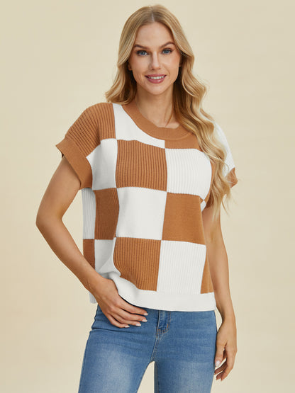 DOUBLE TAKE Full Size Checkered Round Neck Short Sleeve Sweater