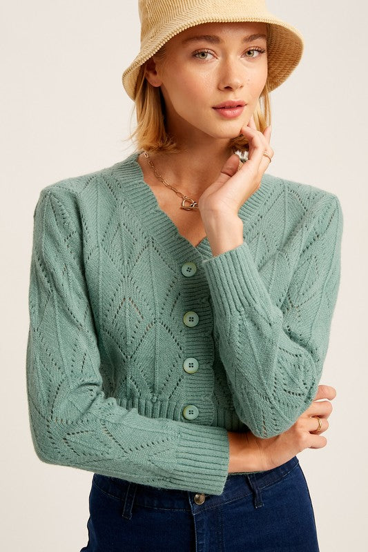 LISTICLE V-neck Scallop Edge Button Down Crop Knit Cardigan