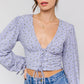 LE LIS Chic Puff Sleeve Lace-Up V-Neck Top