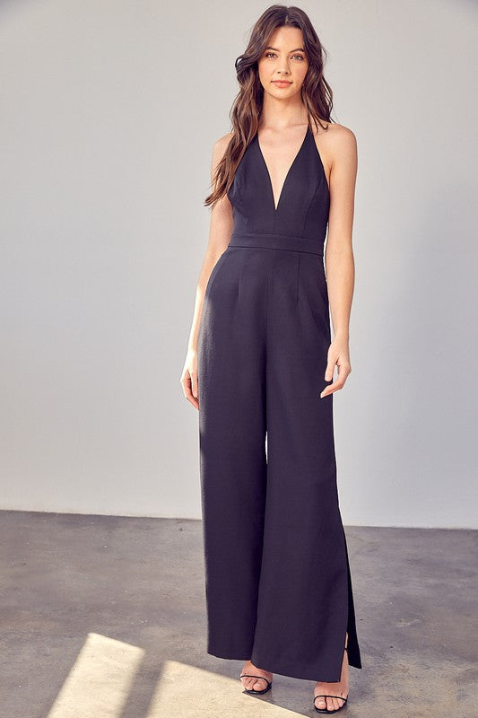 DO + BE COLLECTION Deep V-Neck Wide Leg Jumpsuit