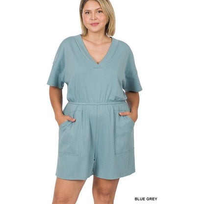 PLUS DROP SHOULDER V-NECK ROMPER WITH POCKETS