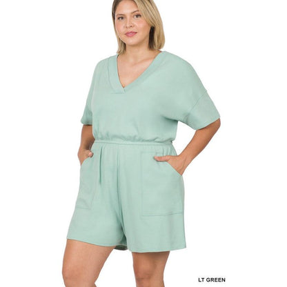PLUS DROP SHOULDER V-NECK ROMPER WITH POCKETS