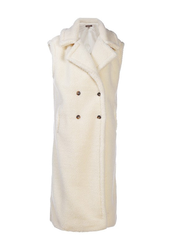 RAG & Co. Long Sleeveless Double-Breasted Faux Fur Coat