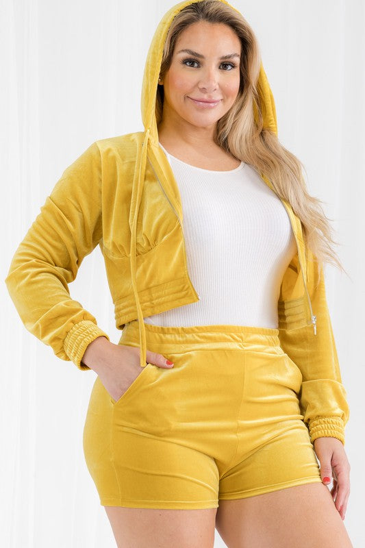 CAPELLA Plus Size Velour Crop Zip Up Hoodie and Shorts Set