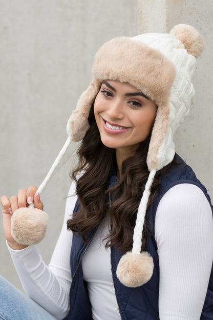 AILI'S CORNER Cable Weave Pom Trapper Hat
