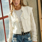 BLUE B Twill Crop Denim Jacket with Crochet Sleeves