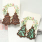 wood Christmas tree earrings with leather inlay