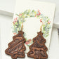 wood Christmas tree earrings with leather inlay