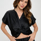 RENEE C. Satin Short Sleeve Top with Front Twist