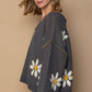 POL Charcoal V-Neck Floral Pattern Chenille Sweater