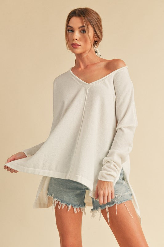 AEMI & Co. Chic V-neck Exposed Seam Sweater- Amaly Sweater