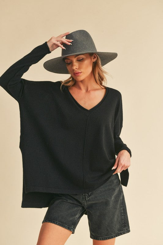 AEMI & Co. Chic V-neck Exposed Seam Sweater- Amaly Sweater