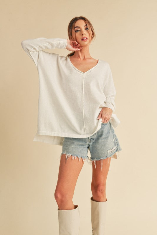 AEMI & Co. Chic V-neck Exposed Seam Sweater- Amaly Sweater